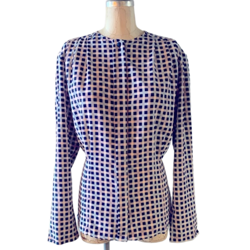 Koret Vintage Geometric Blouse Size 10 Blue White Check Long Sleeve Work Top